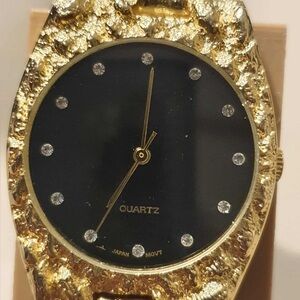Vtg Lifelong Goldtone/Black Rhinestone Nugget Style Women's Watch